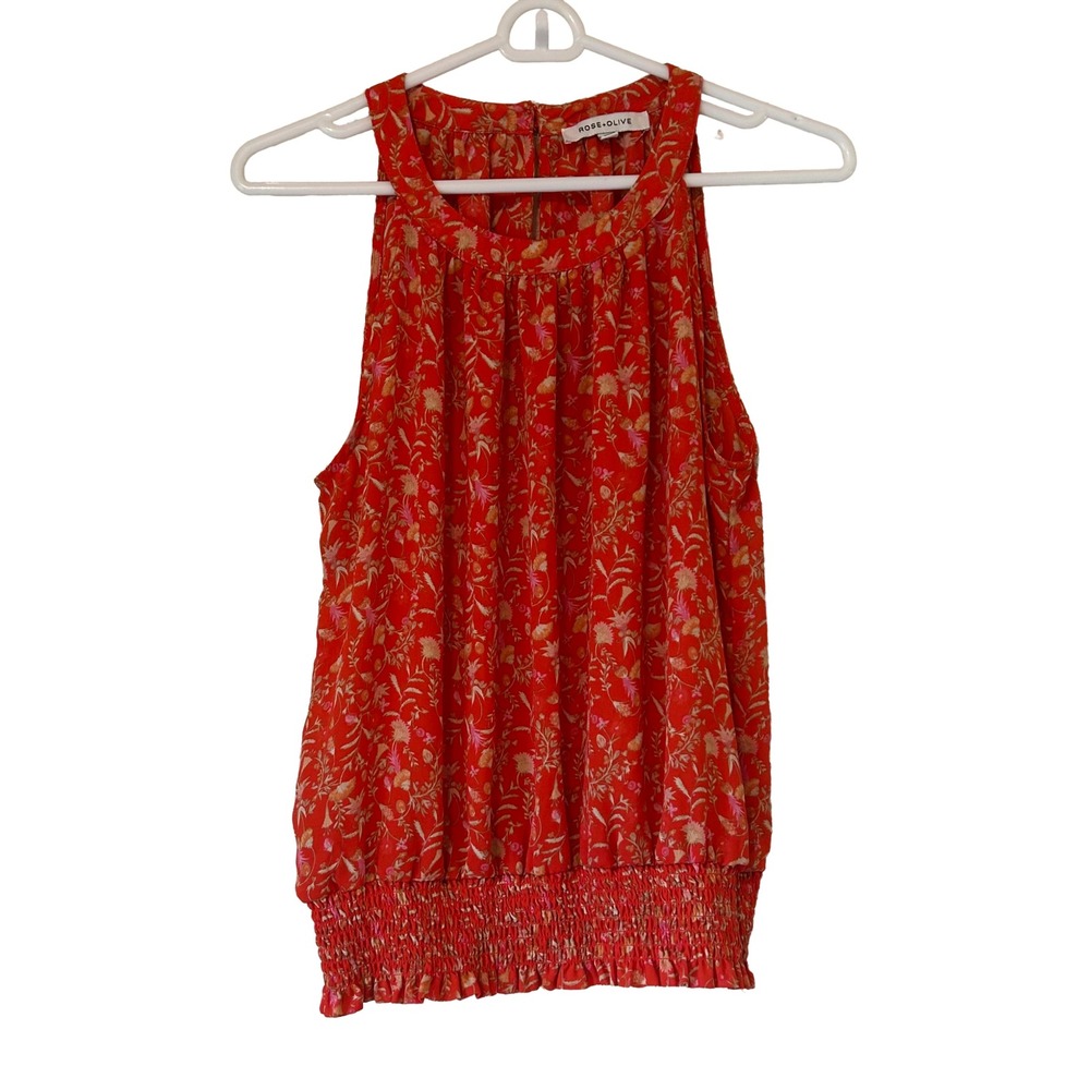 EUC Rose & Olive Floral Orange Smocked Sleeveless‎ Blouse Tank Size Medium